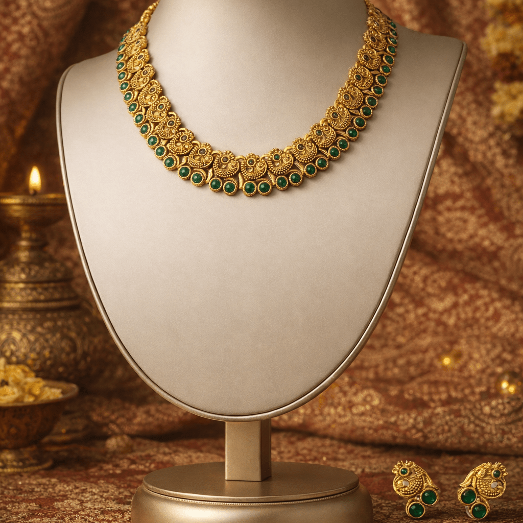 Traditional Temple Style Green Stone Necklace | Antique Gold Finish Statement Necklace for Wedding & Festive Wear - Tara Dhara