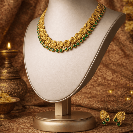 Traditional Temple Style Green Stone Necklace | Antique Gold Finish Statement Necklace for Wedding & Festive Wear - Tara Dhara