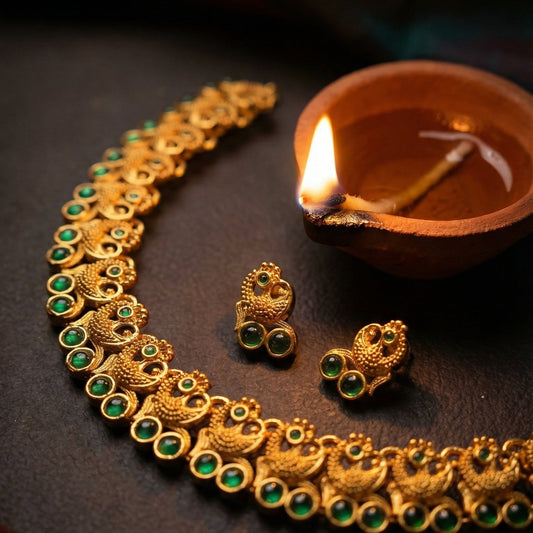 Traditional Temple Style Green Stone Necklace | Antique Gold Finish Statement Necklace for Wedding & Festive Wear - Tara Dhara