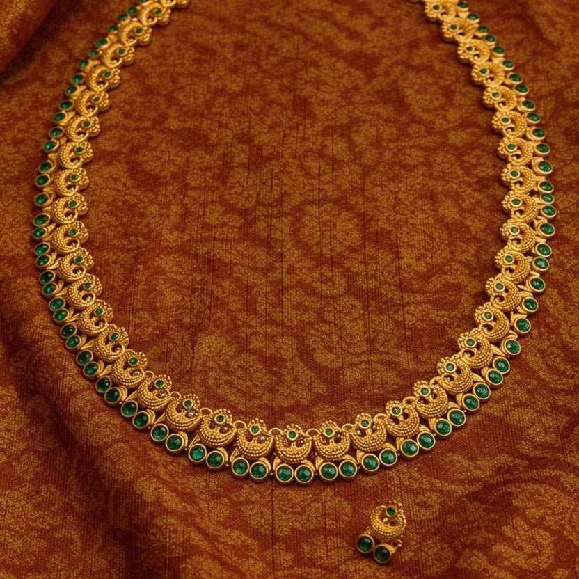 Traditional Temple Style Green Stone Necklace | Antique Gold Finish Statement Necklace for Wedding & Festive Wear - Tara Dhara