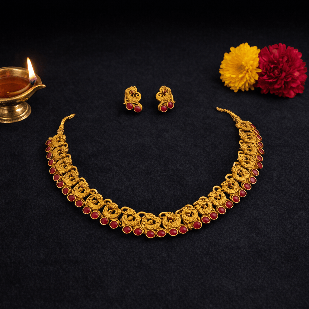 Traditional Temple Style Necklace Set with Red Stones | Bridal Ethnic Statement Jewellery - Tara Dhara