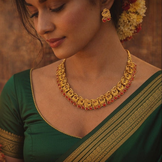 Traditional Temple Style Necklace Set with Red Stones | Bridal Ethnic Statement Jewellery - Tara Dhara