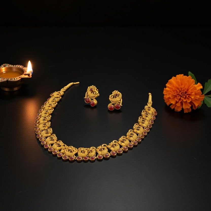 Traditional Temple Style Necklace Set with Red Stones | Bridal Ethnic Statement Jewellery - Tara Dhara