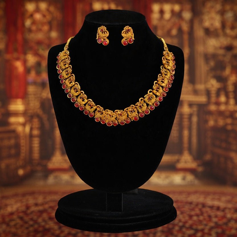 Traditional Temple Style Necklace Set with Red Stones | Bridal Ethnic Statement Jewellery - Tara Dhara