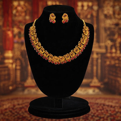 Traditional Temple Style Necklace Set with Red Stones | Bridal Ethnic Statement Jewellery - Tara Dhara